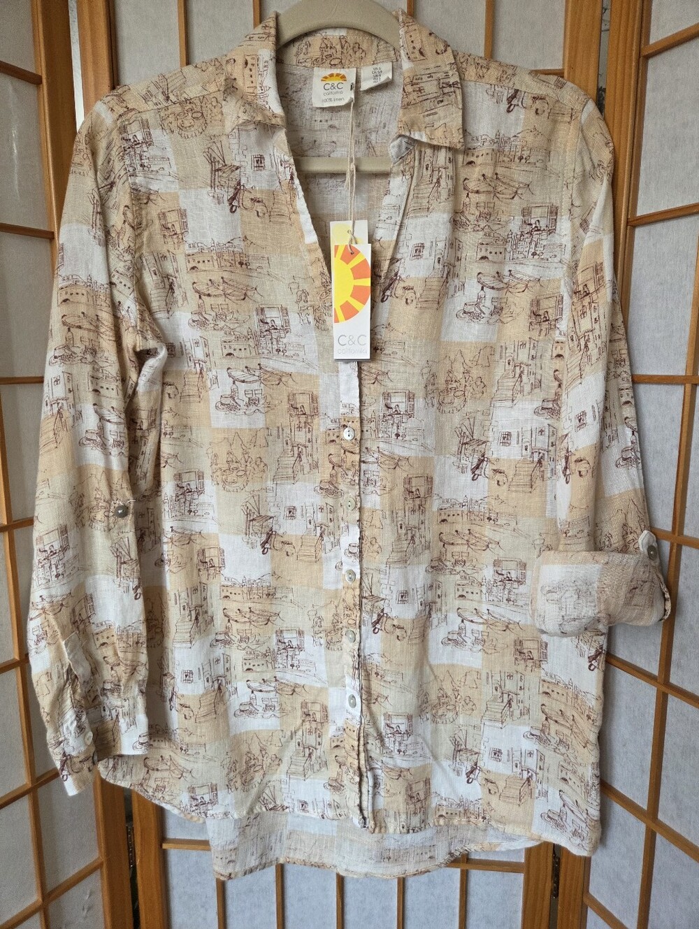 NWT WOMENS C&C CALIFORNIA PRINTED 100% LINEN BUTTONS DOWN SHIRT/BLOUSE SMALL